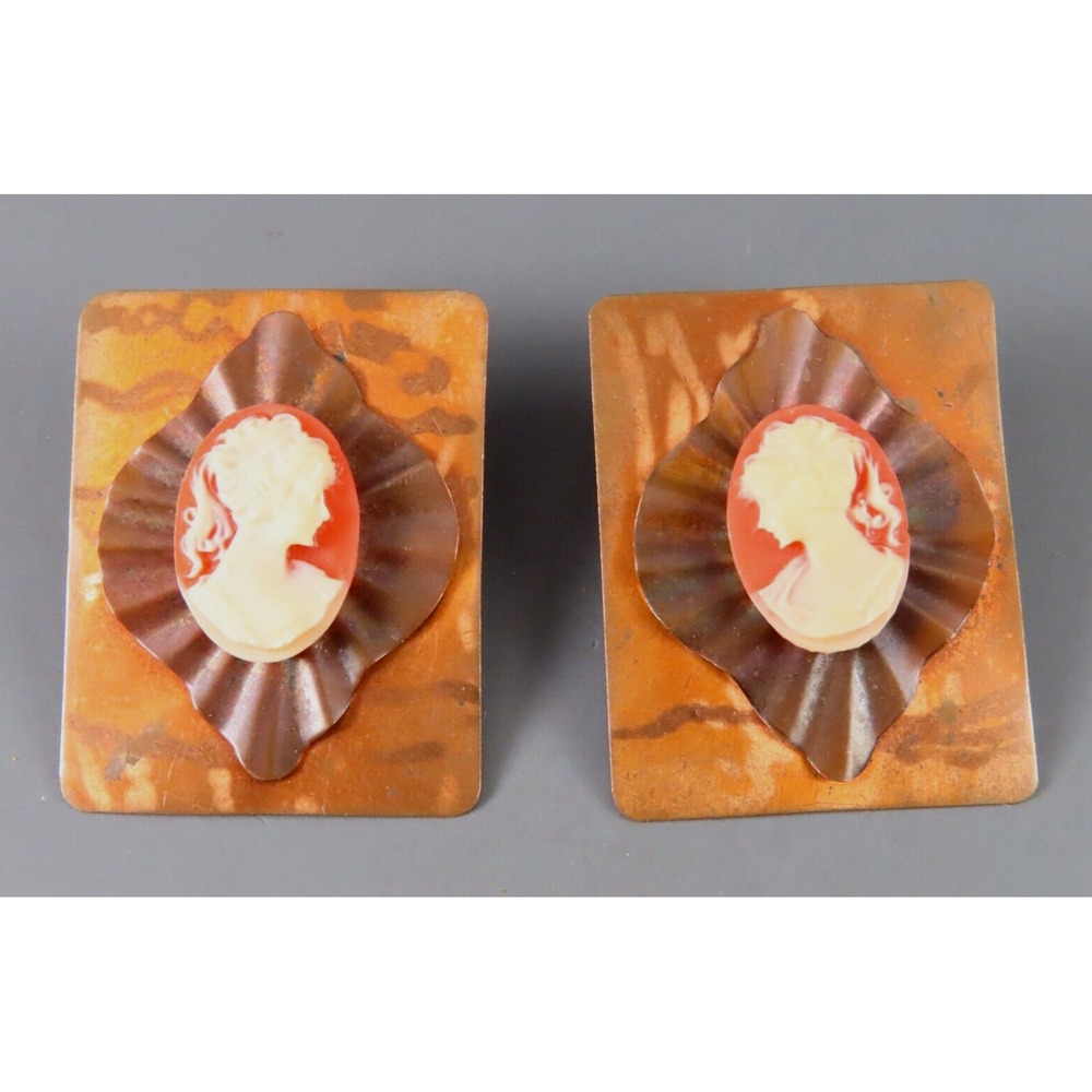 SUPER RARE Vintage JO MARZ COPPER/BRONZE EARRINGS Hand Wrought CARVED CAMEO